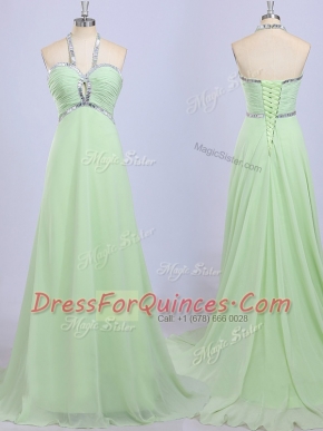 Most Popular Court Train Empire Dress for Prom Yellow Green Halter Top Chiffon Sleeveless Zipper
