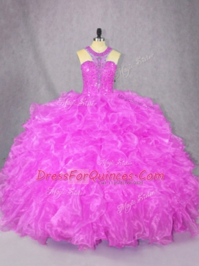 Fuchsia Scoop Zipper Beading and Ruffles Vestidos de Quinceanera Sleeveless