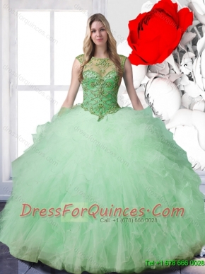 2015 Summer New Arrival Bateau Beaded Quinceanera Dresses in Apple Green