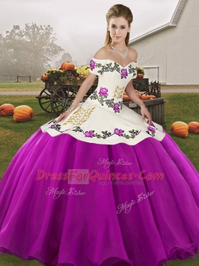 Designer Floor Length Lace Up Quince Ball Gowns White And Purple for Military Ball and Sweet 16 and Quinceanera with Embroidery