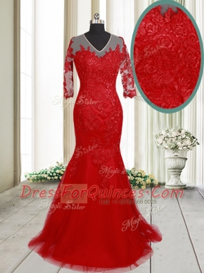 Affordable Mermaid Red Half Sleeves Tulle Brush Train Clasp Handle Prom Dresses for Prom and Party