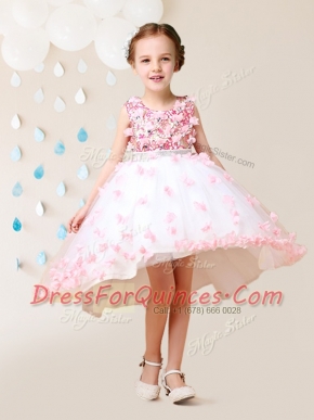 Scoop Lace and Appliques Flower Girl Dresses Pink And White Zipper Sleeveless High Low