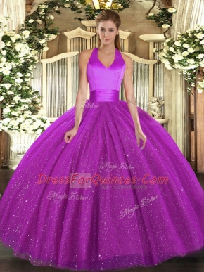Halter Top Sleeveless Lace Up Sweet 16 Quinceanera Dress Fuchsia Tulle