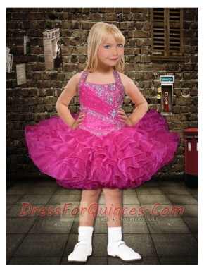 2014 Popular Halter Beading and Ruffles Hot Pink Little Girl Dress with Lace-up