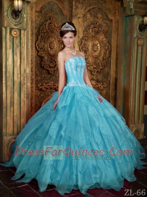 Gorgeous Ball Gown Strapless 15th Birthday Dresses with  Appliques Organza Aqua Blue