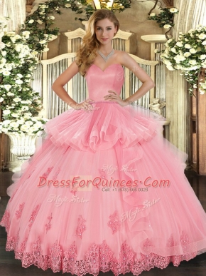 Exquisite Sleeveless Floor Length Beading and Appliques and Ruffles Lace Up Quinceanera Gown with Watermelon Red