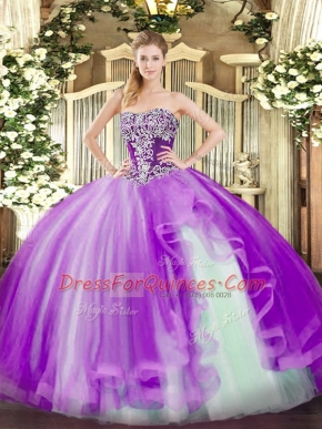 Shining Lavender Ball Gowns Tulle Strapless Sleeveless Beading and Ruffles Floor Length Lace Up Quinceanera Gown