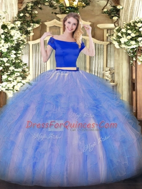 Blue And White Short Sleeves Tulle Zipper Quinceanera Gown for Military Ball and Sweet 16 and Quinceanera