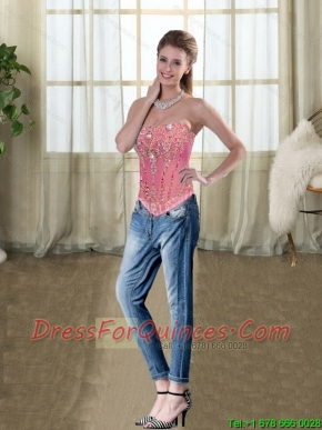 2015 Wonderful  Rose Pink Strapless Beaded Corset with Embroidery