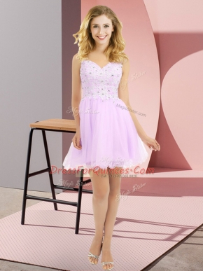 Lilac Empire Tulle V-neck Sleeveless Beading and Lace Mini Length Side Zipper Quinceanera Dama Dress