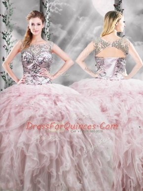 Fashion Pink Sleeveless Tulle Zipper Quinceanera Gowns for Military Ball and Sweet 16 and Quinceanera