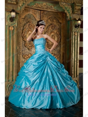 Aqua Ball Gown Strapless Floor-length Taffeta Appliques Quinceanera Dress