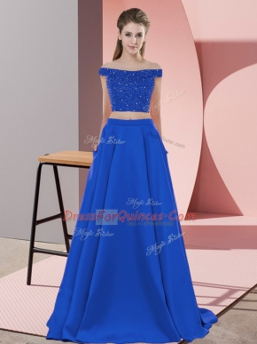 Romantic Royal Blue Elastic Woven Satin Backless Off The Shoulder Sleeveless Dress for Prom Sweep Train Beading