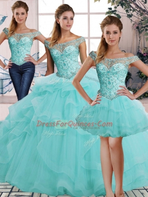 Aqua Blue Three Pieces Tulle Off The Shoulder Sleeveless Beading and Ruffles Floor Length Lace Up Quinceanera Dresses