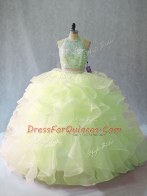 Custom Design Sleeveless Organza Brush Train Backless Sweet 16 Dresses in Yellow Green with Beading and Ruffles