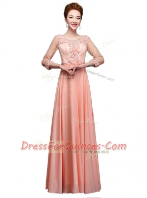 Dazzling Peach Scoop Zipper Beading Dress for Prom 3 4 Length Sleeve