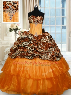Hot Sale Orange Organza and Printed Lace Up Strapless Sleeveless Quinceanera Gown Sweep Train Beading and Ruffled Layers