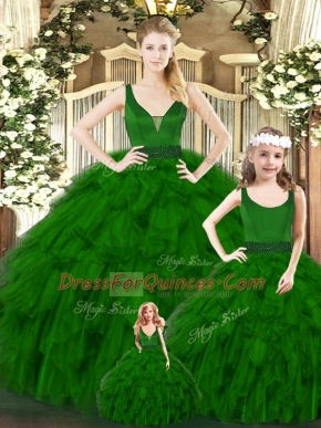 Floor Length Green Sweet 16 Dress V-neck Sleeveless Zipper