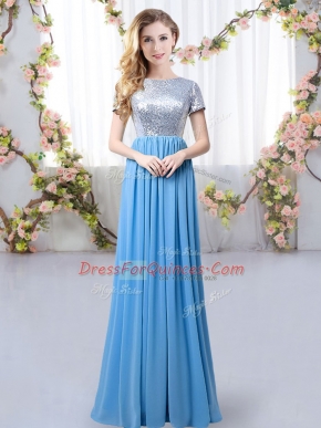 Luxury Blue Empire Chiffon Scoop Short Sleeves Sequins Floor Length Zipper Quinceanera Court Dresses