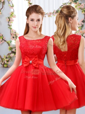 Mini Length Red Damas Dress Tulle Sleeveless Lace and Bowknot