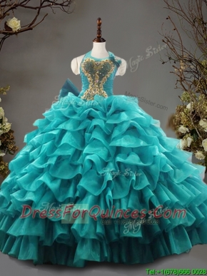 Fashionable Halter Top Teal Quinceanera Dress with Beading and Ruffled Layers