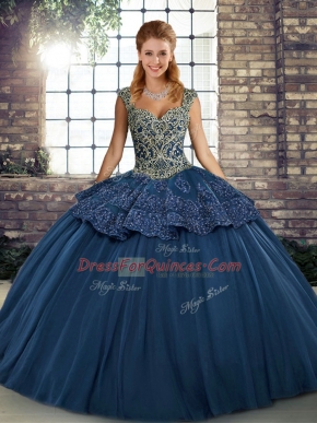Admirable Straps Sleeveless Quinceanera Dress Floor Length Beading and Appliques Navy Blue Tulle