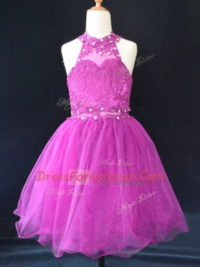 Halter Top Sleeveless Little Girl Pageant Dress Mini Length Beading and Lace Fuchsia Organza