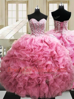 Rose Pink Sleeveless Beading and Ruffles Floor Length Quinceanera Gown