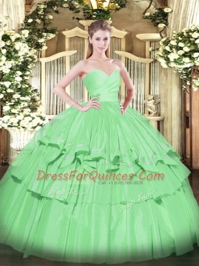 Floor Length Apple Green Sweet 16 Dresses Taffeta Sleeveless Beading and Ruffled Layers