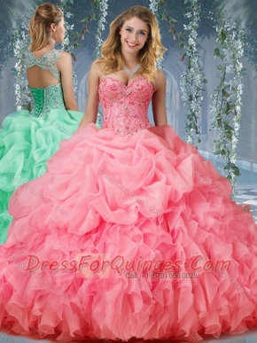 Luxurious Organza Big Puffy Watermelon Quinceanera Dresses with Beading and Ruffles