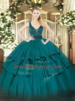 Fabulous Ball Gowns Quinceanera Gowns Teal Straps Organza Sleeveless Floor Length Zipper