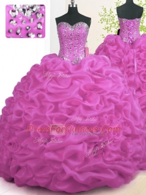 Free and Easy Fuchsia Ball Gowns Beading and Ruffles Ball Gown Prom Dress Lace Up Organza Sleeveless With Train