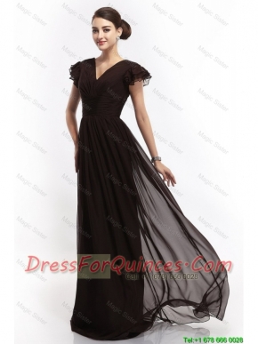 Hot Sale V Neck Ruching Empire Brush Train Prom Dresses in Black