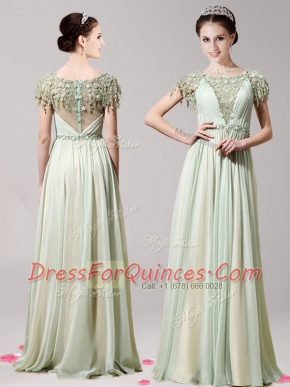 Scoop Apple Green Short Sleeves Appliques Floor Length Prom Evening Gown