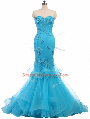 On Sale Aqua Blue Evening Dress Tulle Brush Train Sleeveless Appliques