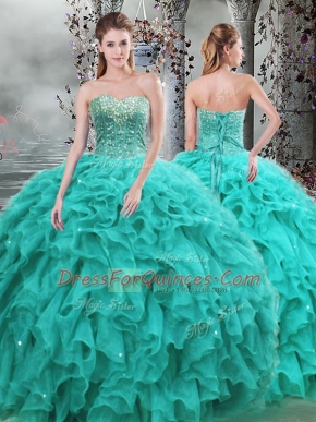 Wonderful Turquoise Organza Lace Up Quinceanera Gown Sleeveless Floor Length Beading and Ruffles