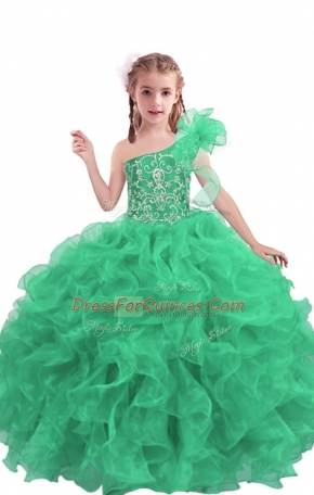 Amazing Apple Green Organza Lace Up Little Girls Pageant Dress Sleeveless Floor Length Beading and Ruffles