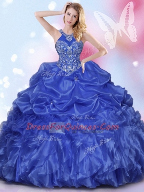 Glorious Halter Top Royal Blue Sleeveless Appliques and Ruffles and Pick Ups Floor Length 15 Quinceanera Dress