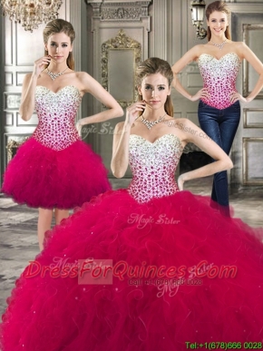 Cheap Beaded Bodice and Ruffled Detachable Quinceanera Dresses in Hot Pink