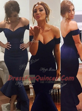 Mermaid Navy Blue V-neck Neckline Ruffles Prom Gown Sleeveless Zipper