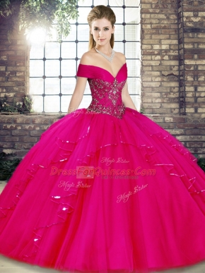 Off The Shoulder Sleeveless Tulle Quinceanera Gown Beading and Ruffles Lace Up