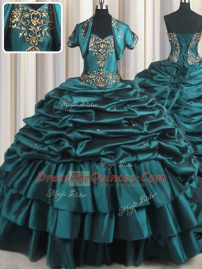 Superior Sweetheart Sleeveless Taffeta Quince Ball Gowns Beading and Appliques and Pick Ups Brush Train Lace Up