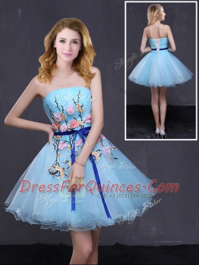 Exquisite Baby Blue A-line Strapless Sleeveless Organza Mini Length Lace Up Appliques and Belt Homecoming Dress
