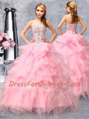 Rose Pink Sleeveless Floor Length Beading and Ruffles Lace Up Sweet 16 Dress