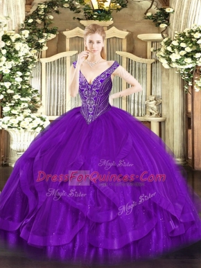 Inexpensive Purple Ball Gowns V-neck Sleeveless Tulle Floor Length Lace Up Beading and Ruffles Ball Gown Prom Dress