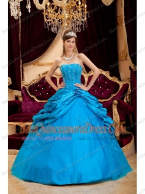 Teal Ball Gown Strapless Floor-length Taffeta and Tulle Lace Appliques Quinceanera Dress