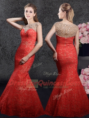 Nice Mermaid Red Cap Sleeves Floor Length Beading and Lace Zipper Prom Dress
