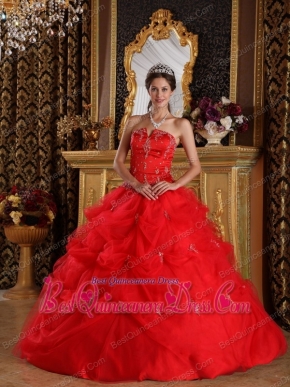 Red Ball Gown Strapless Floor-length Pick-ups Tulle Quinceanera Dress