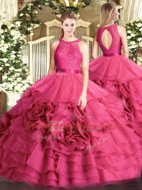 Hot Pink Vestidos de Quinceanera Military Ball and Sweet 16 and Quinceanera with Lace Scoop Sleeveless Zipper