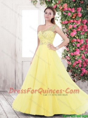 Elegant One Shoulder Yellow 2016 Prom Dresses with Beading